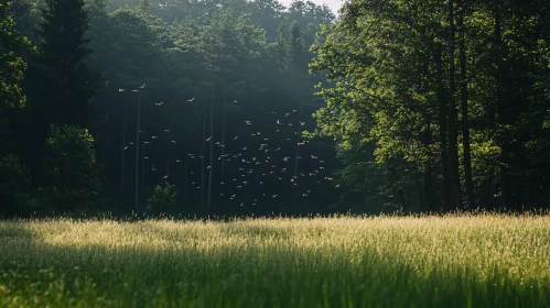 Serene Forest Edge with Birds in Flight