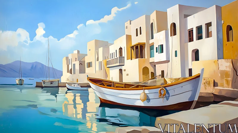 AI ART Peaceful Coastal Scene with Boats and Whitewashed Buildings