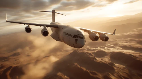 Aircraft in Flight during Sunset over Rugged Terrain
