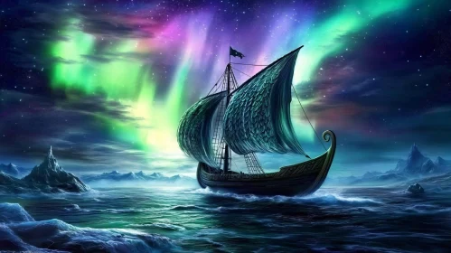 Sailing Under Northern Lights in Ice-Covered Ocean