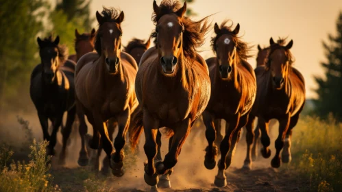 Captivating Scene of Brown Horses Running at Sunset