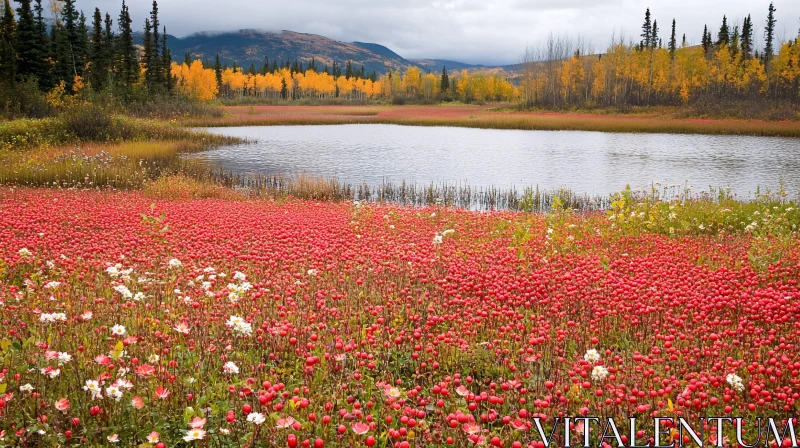 AI ART Tranquil Autumn Scenery with Lake and Flowers