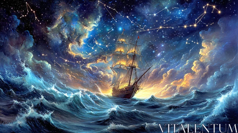 Sailing Ship under Constellation-filled Night Sky