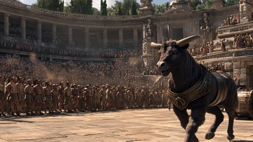 Roman Arena Spectacle: Ornate Bull and Gladiators