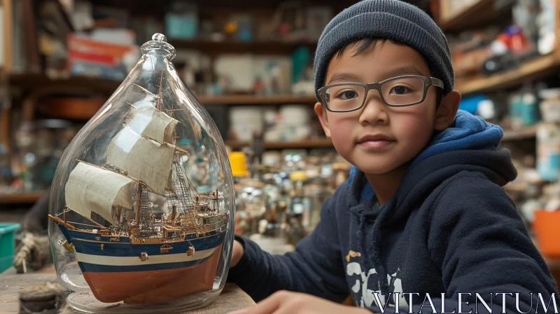 AI ART Child Crafting Ship Model in Glass Bottle