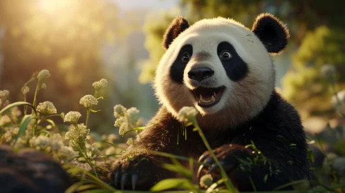 Joyful Panda Watching Sunrise in a Forest