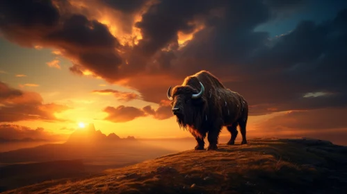 Majestic Bison against Sunset: A Blend of Realism and Fantasy