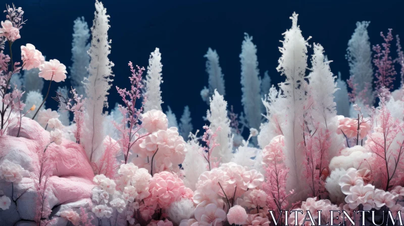 Surreal Underwater Scene with Pink Flowers and Detailed Foliage AI Image