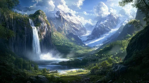 Serene Mountain Landscape with Waterfall and Snowy Peaks