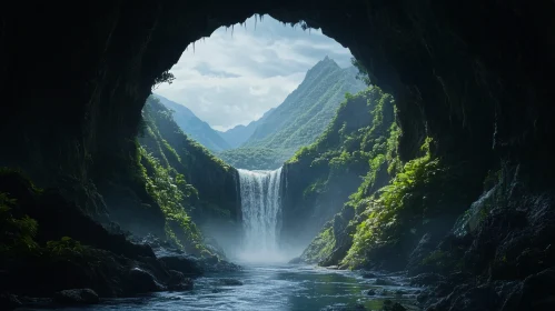 Cascading Waterfall Framed by a Cave