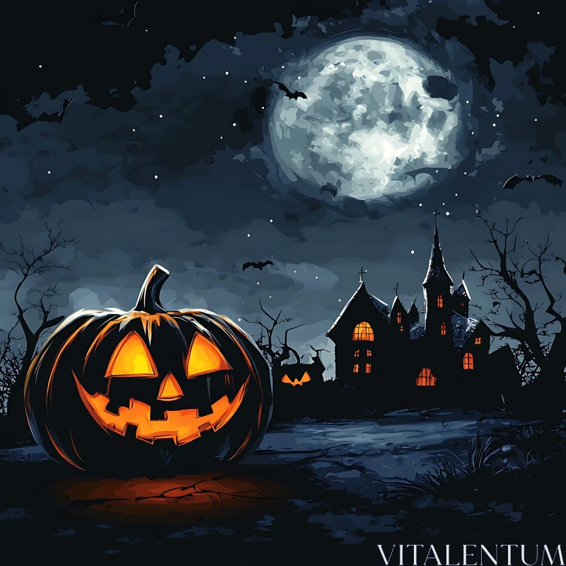 Eerie Halloween Landscape with Full Moon and Haunted Mansion AI Image