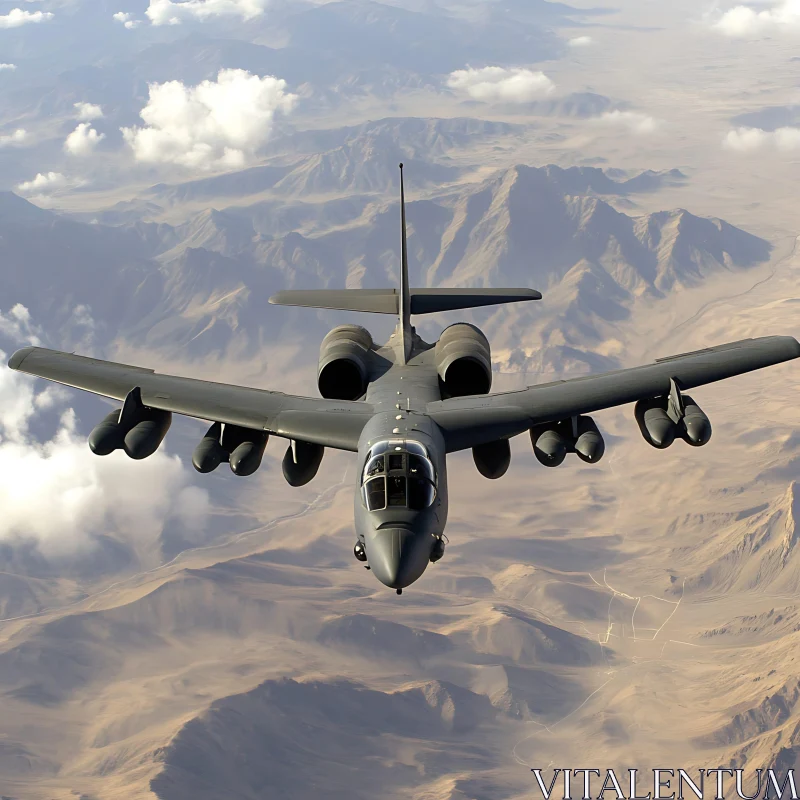 Aerial View of Military Plane Over Desert Mountains AI Image