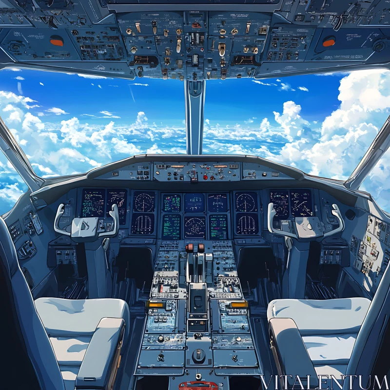 Aircraft Cockpit Illustration with Cloudy Sky AI Image