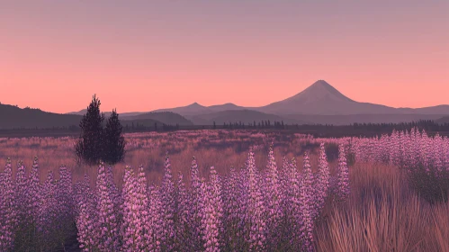 Sunset Over Blooming Meadow and Mountains