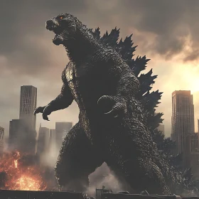 Titanic Godzilla Overlooking a Burning City