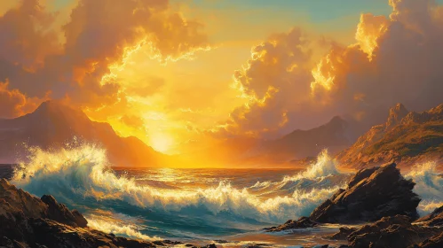 Sunset Over Ocean with Waves and Mountain Landscape