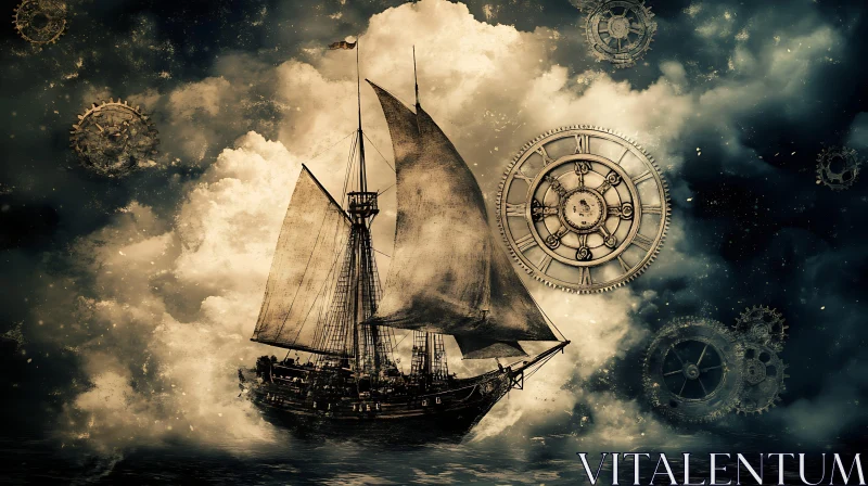 Ship in the Clouds with Gears and Cogs AI Image