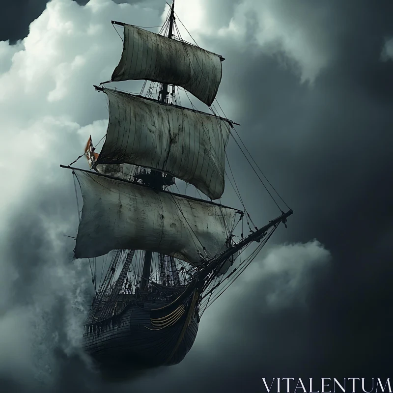 Eerie Sailing Vessel in Stormy Clouds AI Image