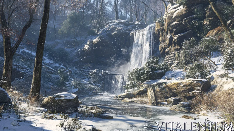 AI ART Tranquil Winter Scene with a Waterfall