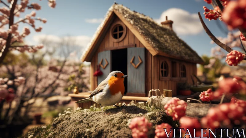 Bird on a Blossom-Covered House: A Cabincore Miniature Scene AI Image