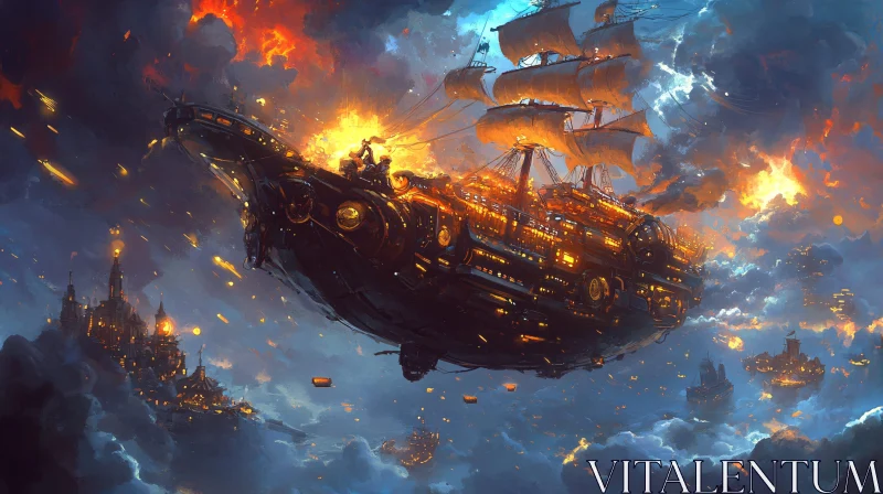 AI ART Fiery Fantasy Airship Battling in the Sky