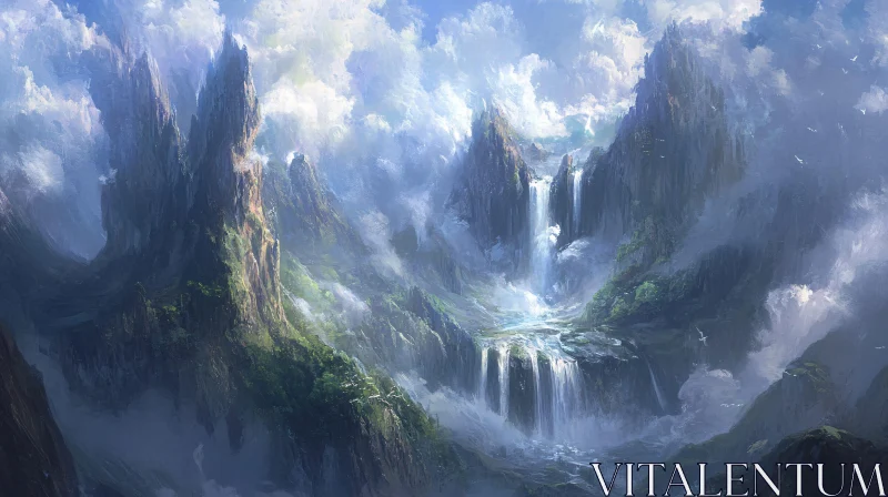 Majestic Misty Mountains and Waterfalls AI Image