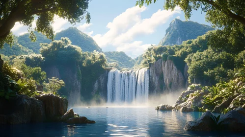 Peaceful Waterfall and Verdant Mountains