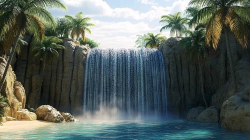 Tropical Oasis with Waterfall and Palms