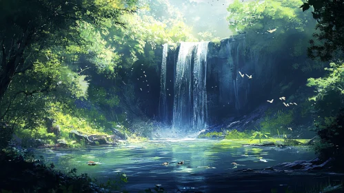 Serene Forest Waterfall Illustration