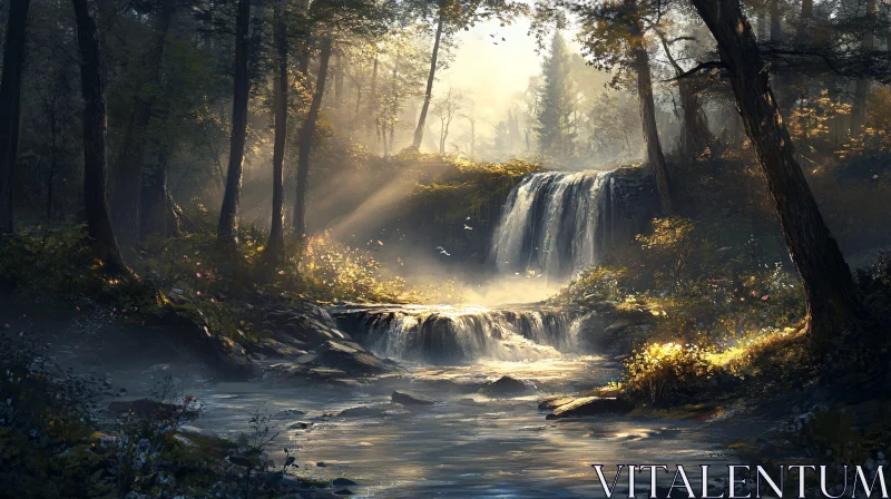 AI ART Tranquil Scene of Forest Waterfall and Creek