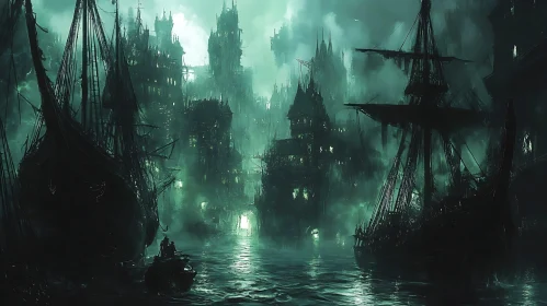 Mysterious Green Mist Harbor with Gothic Ships