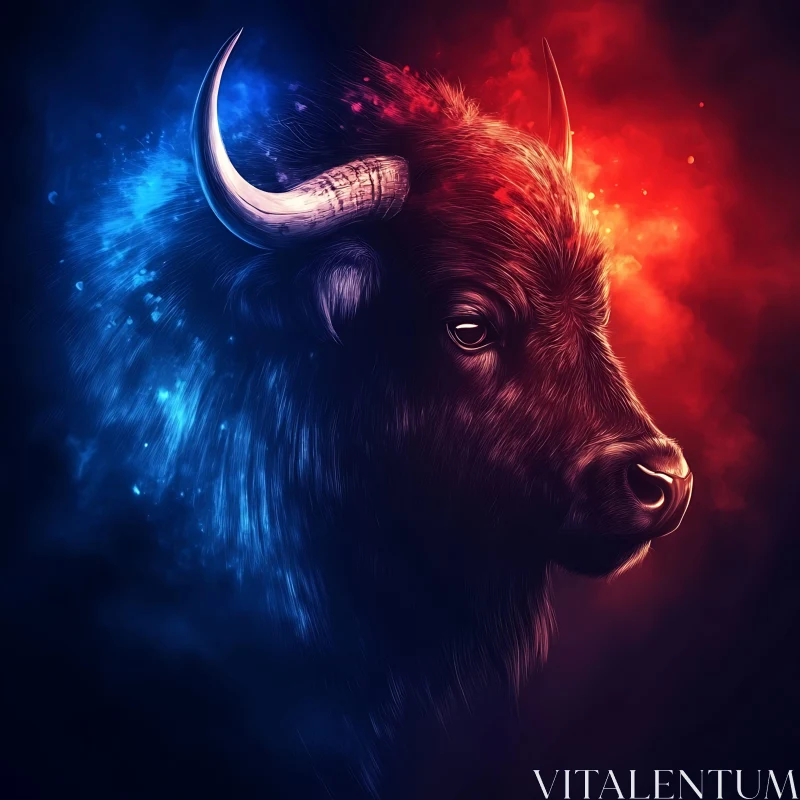 Glowing Blue and Red Bull Art AI Image