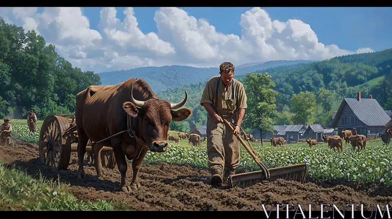 Traditional Plowing in Countryside AI Image