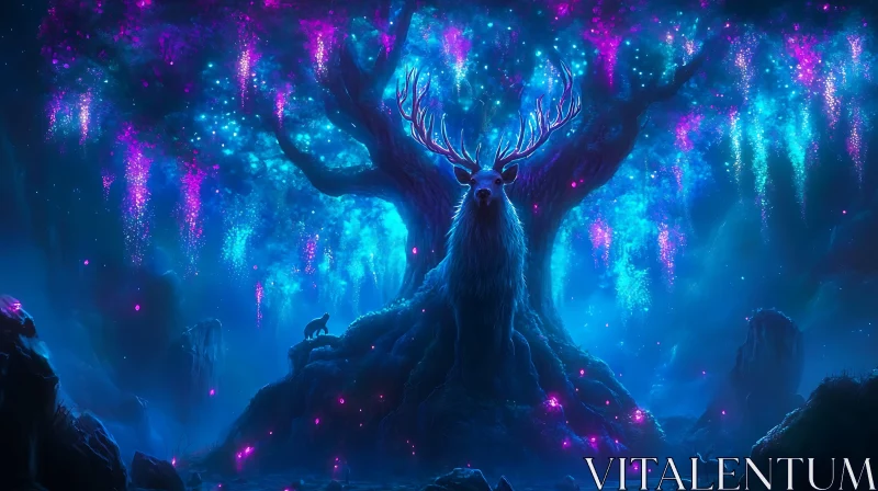 Fantasy Forest with Luminous Tree and Deer AI Image