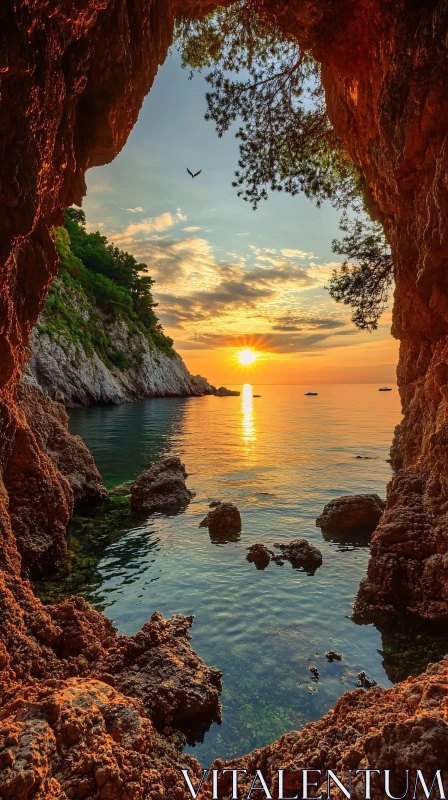 Golden Sunset Through Coastal Cave AI Image