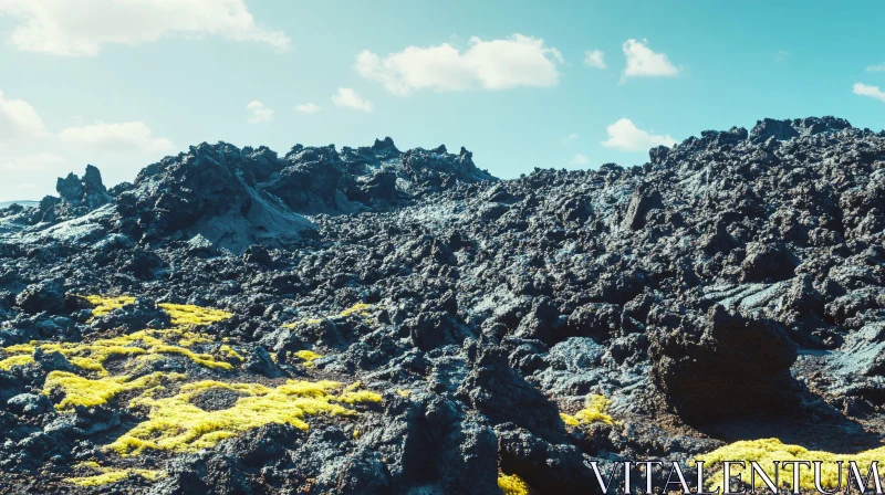 AI ART Lava Rocks and Vibrant Moss in Scenic Volcanic Terrain