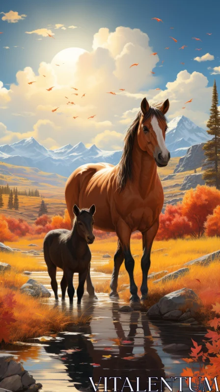 Warm Tonal Illustration of Horse and Foal in Mountainous Landscape AI Image