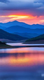 Tranquil Lake Sunset with Mountain Silhouettes