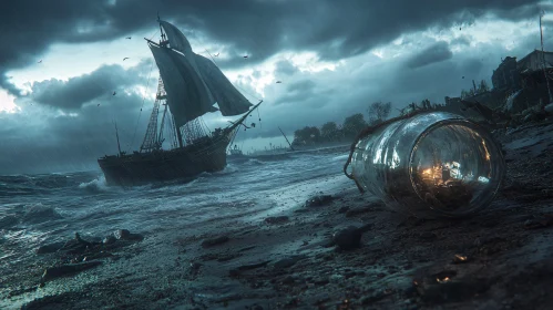 Old Sailboat in a Stormy Ocean