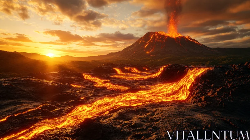 AI ART Fiery Volcano and Flowing Lava at Dusk