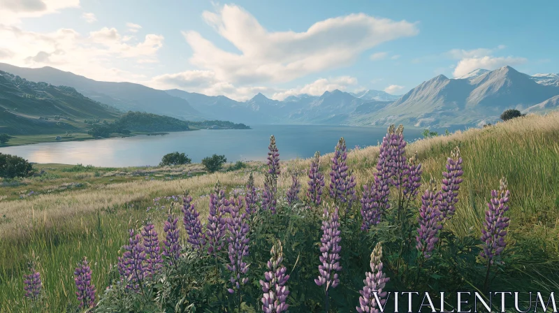 AI ART Mountain Lake with Purple Flower Meadow