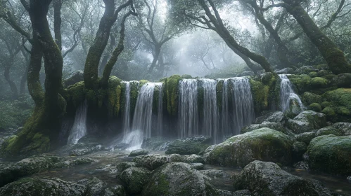 Mystical Cascade in a Verdant Woodland