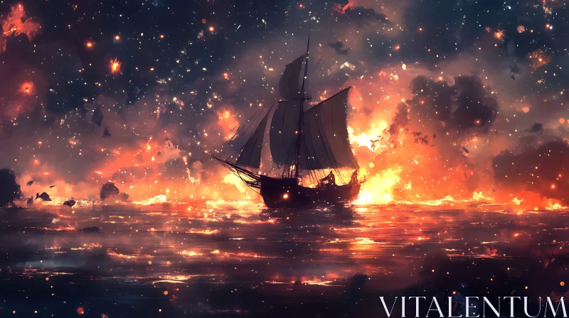 Sunset Silhouette of a Sailing Ship on Fiery Waters AI Image