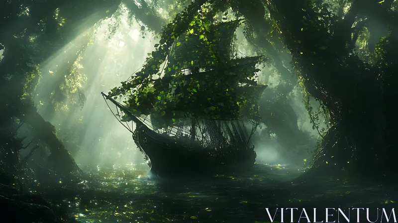 Ship Veiled in Ivy Navigates a Misty Forest AI Image