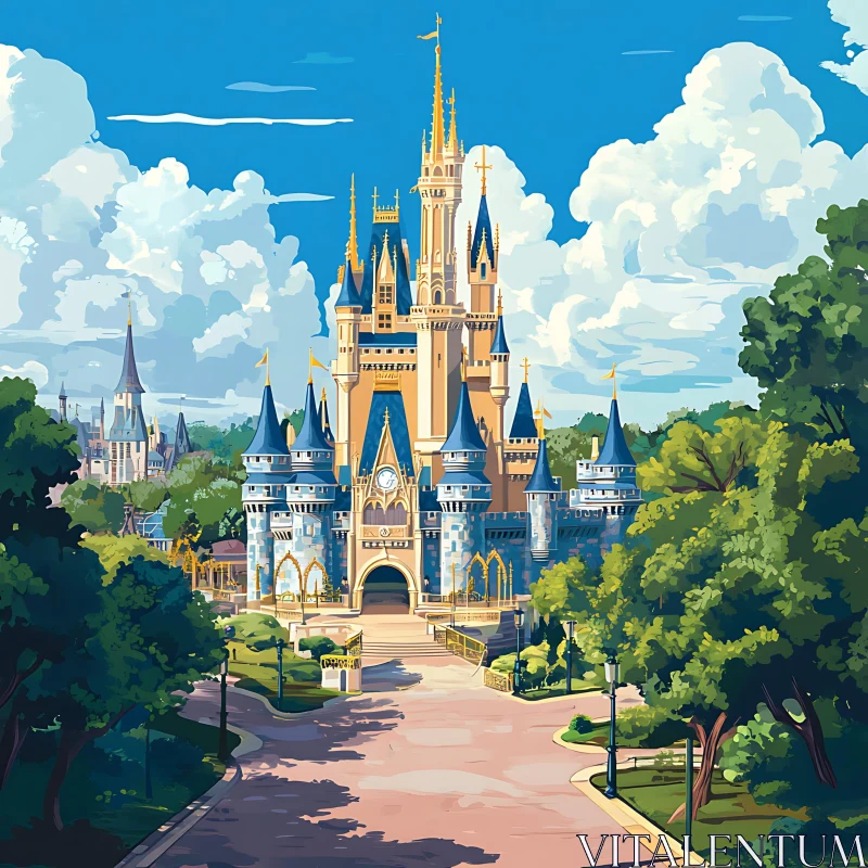 Majestic Storybook Castle Amid Lush Greenery AI Image