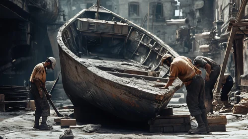 Workers Fixing Old Boat in Industrial Environment