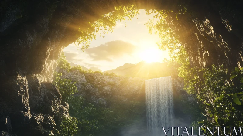 AI ART Tranquil Cave Scene with Waterfall and Sunlight