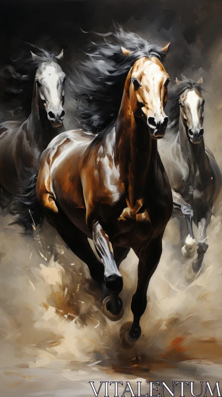 Elegant Western-style Portraits of Dark Horses in Motion AI Image