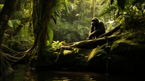 Serene Gorilla by Rainforest River - Fine Art Photography