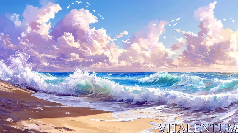 Seascape with Waves, Beach, and Soft Clouds AI Image